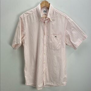 Vintage Lacoste Pink White Striped Button Down Short Sleeve Shirt Mens 42 Retro